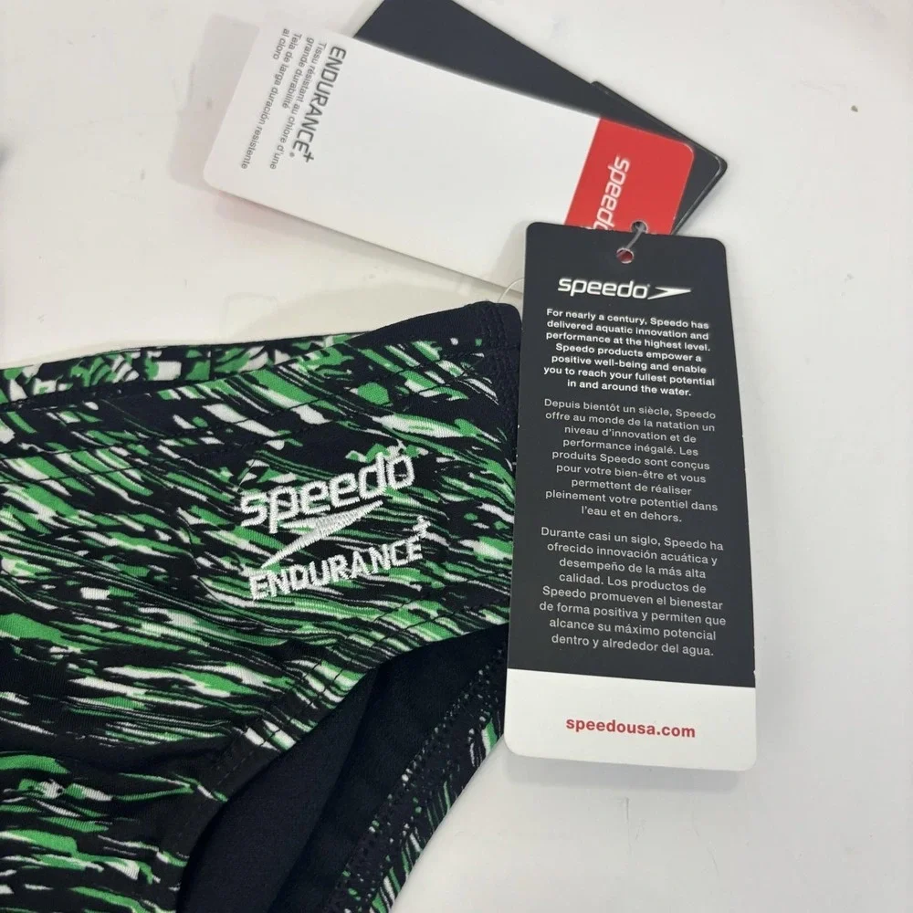 NWT Speedo Endurance+‎ Swim Brief Bottom Boys 26 / 10 Green Black Swim Suit